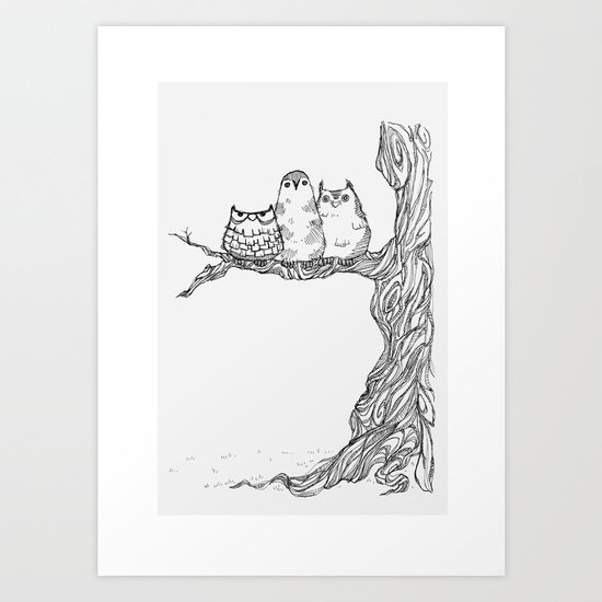 Three owls in a tree Art Print