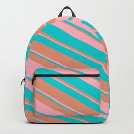 [ Thumbnail: Dark Salmon, Light Pink & Dark Turquoise Colored Stripes Pattern Backpack ]