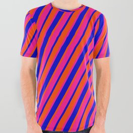 [ Thumbnail: Red, Deep Pink & Blue Colored Pattern of Stripes All Over Graphic Tee ]