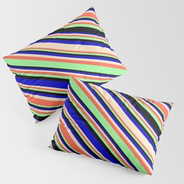 [ Thumbnail: Eye-catching Blue, Bisque, Red, Green, and Black Colored Lines/Stripes Pattern Pillow Sham ]