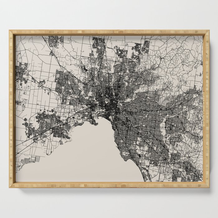 Australia, Melbourne - Black and White Illustrated Map Serving Tray