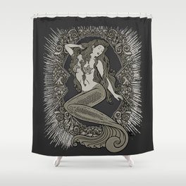 Neo Classic Mermaid Siren Sepia Shower Curtain | Girl, Traditional, Alphonse, Neotraditional, Sea, Love, Sailor, Romantic, Pinup, Fantasy 