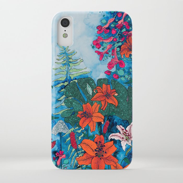 Blue Jungle of Orange Lily and Pink Trumpet Vine Floral iPhone Case