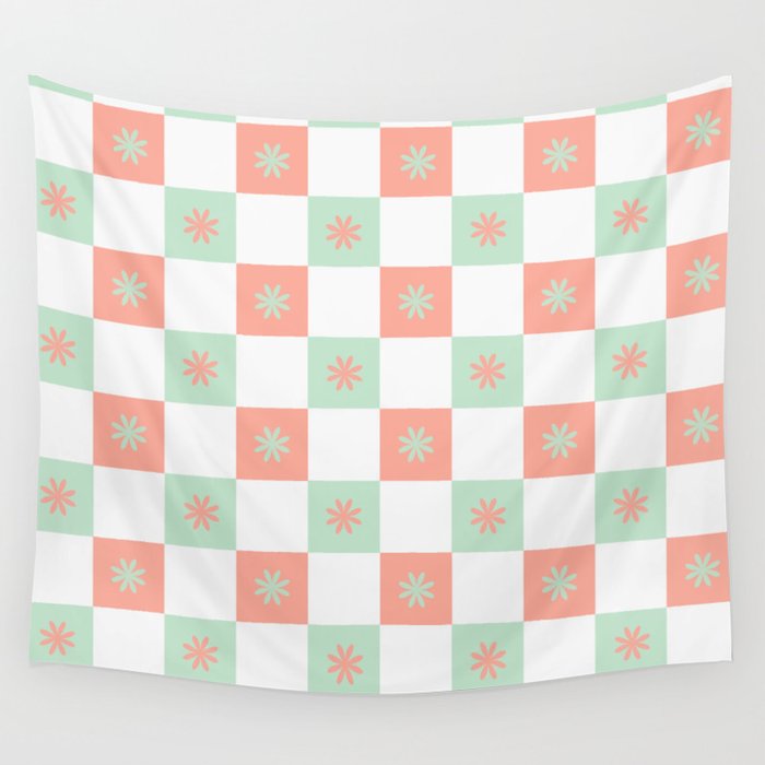 Flower Checkered Pattern Wall Tapestry
