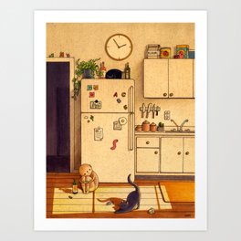 Kitchen Floor Kunstdrucke | Warm, Curated, Nostalgia, Illustration, Cat, Drawing, Ink Pen, Kitchen, Home 