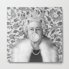 Queen Elizabeth Fur Stole Blowing White Bubble gum Metal Print | Regal, Graphicdesign, Blackandwhite, Englishroyal, Diamondcrown, Floraltapestry, British, Thecrown, Queenelizabethii, Britain 