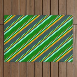 [ Thumbnail: Orange, Dark Slate Gray, Aquamarine, and Green Colored Stripes Pattern Outdoor Rug ]