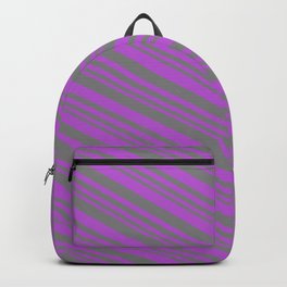 [ Thumbnail: Grey and Orchid Colored Pattern of Stripes Backpack ]