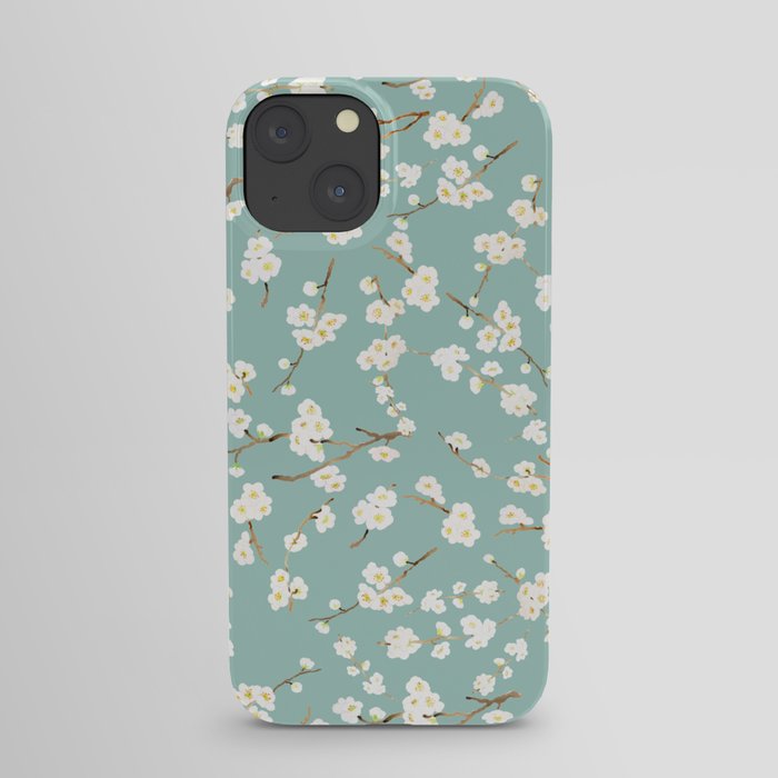 white plum flowers pattern in green background iPhone Case