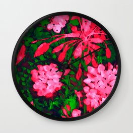 Ixora and Ferns Wall Clock | Gorgeous, Florida, Magenta, Bright, Digital, Green, Brightcolor, Stunning, Painting, Watercolor 