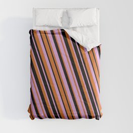 [ Thumbnail: Plum, Chocolate, and Black Colored Lines/Stripes Pattern Comforter ]