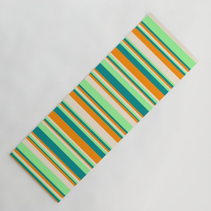 Green, Dark Cyan, Dark Orange, and Beige Colored Stripes Pattern Yoga Mat