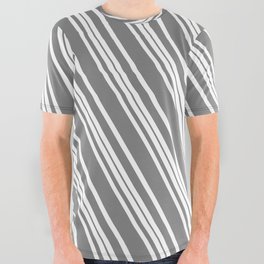 [ Thumbnail: White and Grey Colored Lined/Striped Pattern All Over Graphic Tee ]