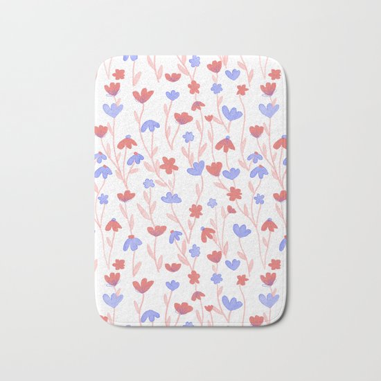 Red Blue Floral Pattern Bath Mat