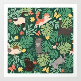 Cats & Plants (Green) Art Print