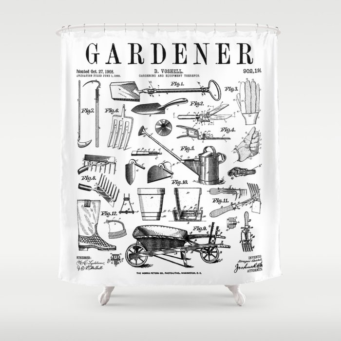 Gardener Gardening Garden Plant Tools Vintage Patent Print Shower Curtain
