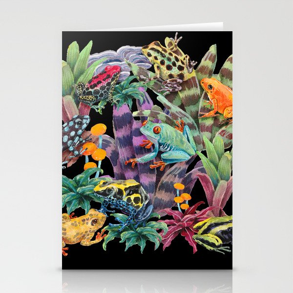 Tropical frogs and plant - black Stationery Cards