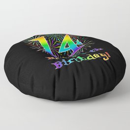 [ Thumbnail: 14th Birthday - Fun Rainbow Spectrum Gradient Pattern Text, Bursting Fireworks Inspired Background Floor Pillow ]