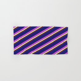 [ Thumbnail: Vibrant Midnight Blue, Orchid, Beige, Black, and Red Colored Striped/Lined Pattern Hand & Bath Towel ]