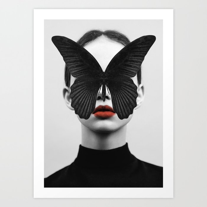 BLACK BUTTERFLY Kunstdrucke | Fotografie, Digital, Black-&-white, Abstrakt, People, Illustration, Modern, Woman, Mädchen, Butterfly