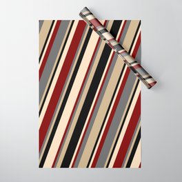 [ Thumbnail: Dim Grey, Tan, Black, Bisque & Maroon Colored Pattern of Stripes Wrapping Paper ]