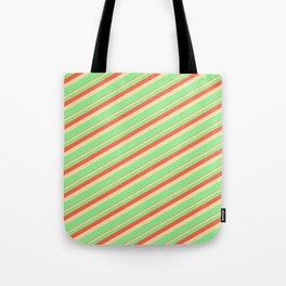 [ Thumbnail: Red, Tan & Light Green Colored Lines Pattern Tote Bag ]