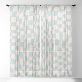 Retro Danish Pastel Light Blue Warped Checkerboard Sheer Curtain