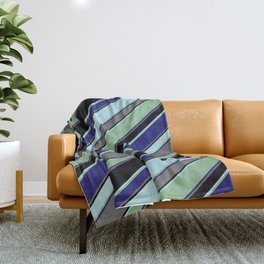 [ Thumbnail: Powder Blue, Dark Sea Green, Midnight Blue, Dim Gray, and Black Colored Striped/Lined Pattern Throw Blanket ]