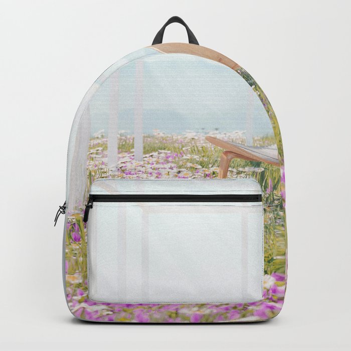 One with nature; bio home of the future with meadows of flowers and solar windows color magical realism photograph / photography Backpack