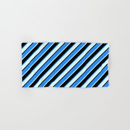 [ Thumbnail: Blue, Light Cyan & Black Colored Striped/Lined Pattern Hand & Bath Towel ]