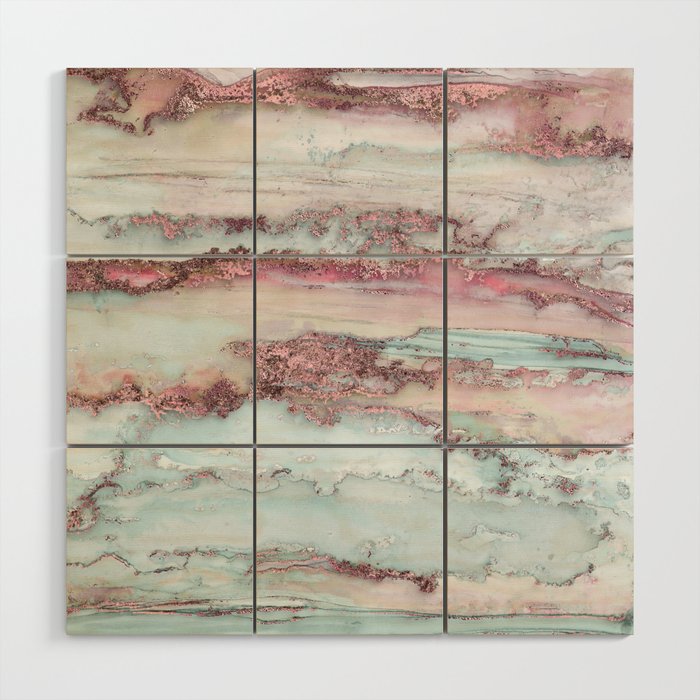 Marbled Stripes Luxury Rose Gold And Mint Glamour Wood Wall Art