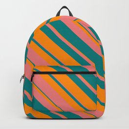 [ Thumbnail: Light Coral, Teal & Dark Orange Colored Striped Pattern Backpack ]
