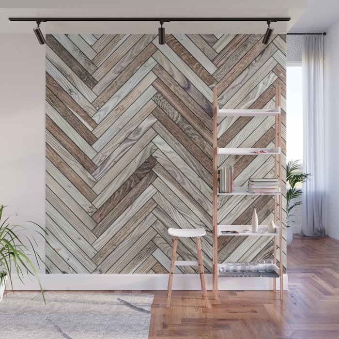 Seamless texture of wood parquet (herringbone). Floor natural pattern Wall Mural