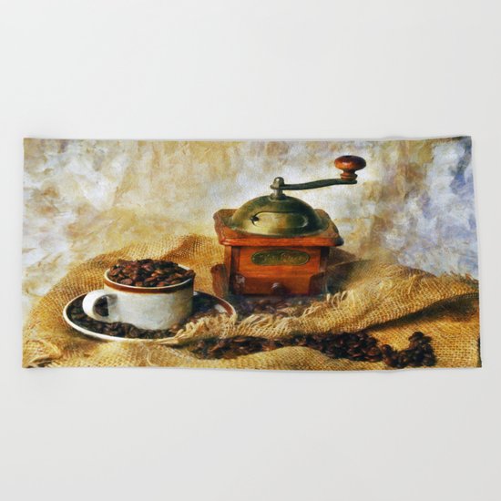 Coffee Grinder and Coffee Cup Beach Towel