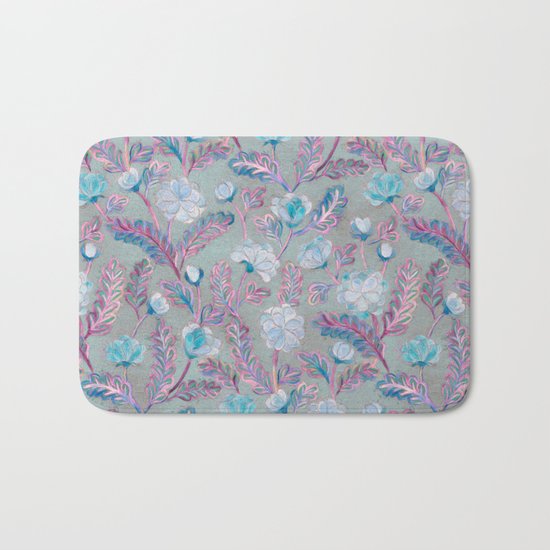 Soft Smudgy Blue and Purple Floral Pattern Bath Mat