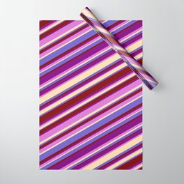 [ Thumbnail: Eyecatching Purple, Orchid, Tan, Slate Blue & Maroon Colored Lined Pattern Wrapping Paper ]