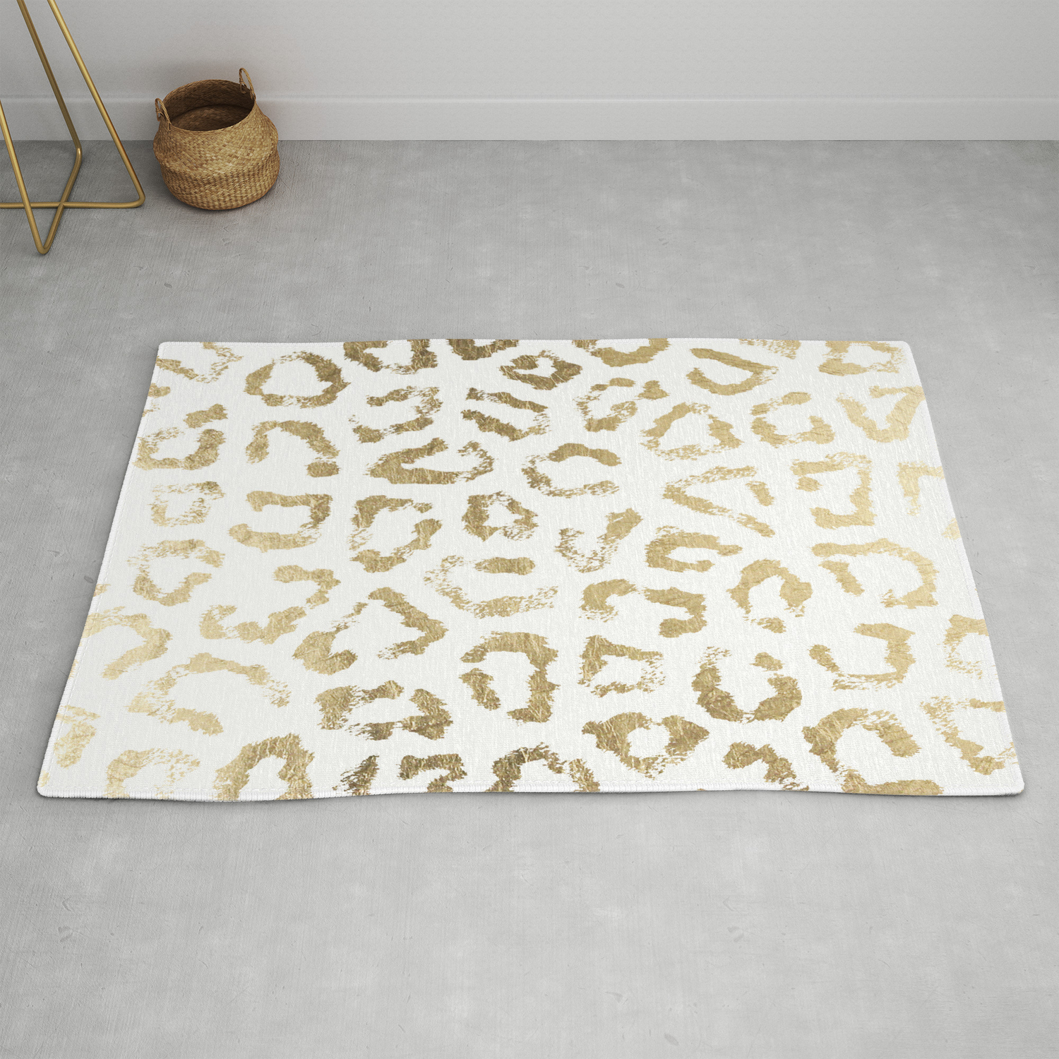 Modern White Chic Faux Gold Foil Leopard Print Rug By Pink Water Modern White Chic Faux Gold Foil