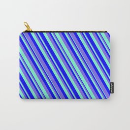 [ Thumbnail: Blue, Medium Slate Blue & Aquamarine Colored Pattern of Stripes Carry-All Pouch ]