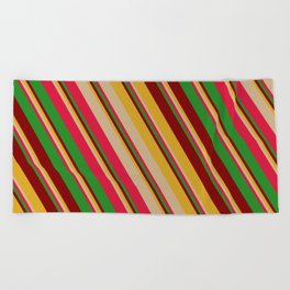 [ Thumbnail: Colorful Goldenrod, Tan, Crimson, Forest Green & Maroon Colored Striped/Lined Pattern Beach Towel ]