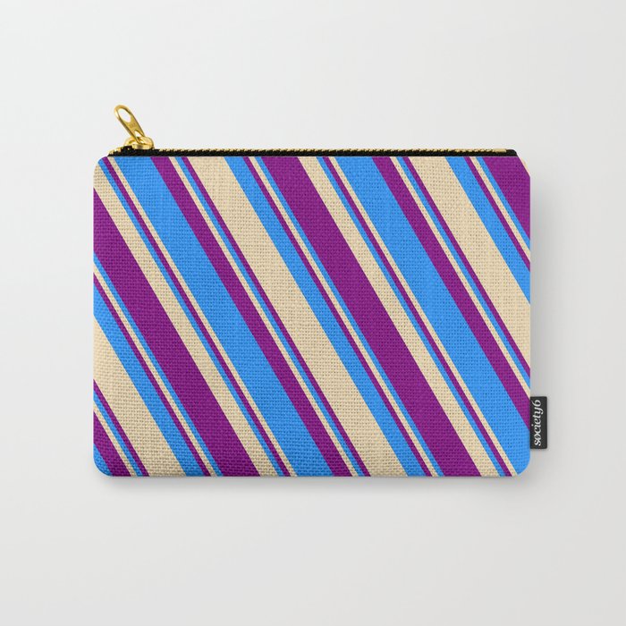 Blue, Tan, and Purple Colored Striped Pattern Carry-All Pouch
