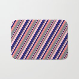 [ Thumbnail: Light Coral, Gray, Pink & Midnight Blue Colored Stripes Pattern Bath Mat ]