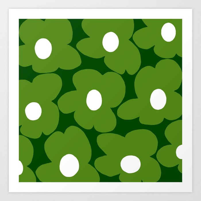 Spring Green Retro Flowers Dark Green Background #decor #society6 #buyart Art Print