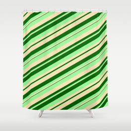 [ Thumbnail: Dark Green, Green, and Beige Colored Stripes Pattern Shower Curtain ]