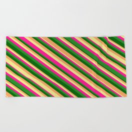 [ Thumbnail: Dark Green, Brown, Tan, Deep Pink, and Forest Green Colored Lines/Stripes Pattern Beach Towel ]