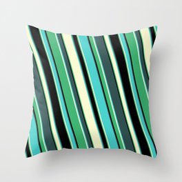 [ Thumbnail: Colorful Dark Slate Gray, Turquoise, Light Yellow, Sea Green, and Black Colored Lined Pattern Throw Pillow ]