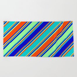 [ Thumbnail: Dark Turquoise, Blue, Green, and Red Colored Striped Pattern Beach Towel ]