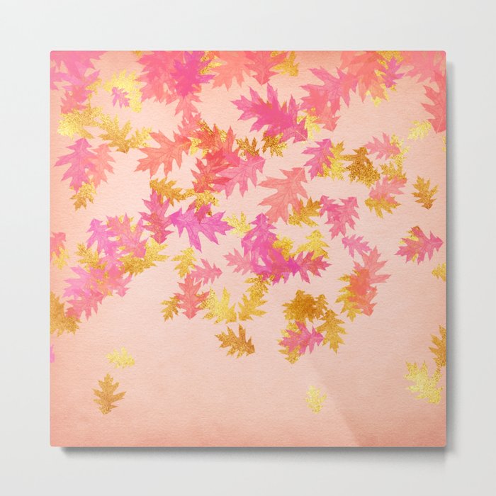 Autumn - world 1 - gold glitter leaves on pink background Metal Print