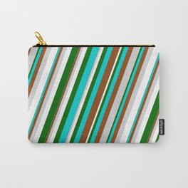 [ Thumbnail: Eyecatching Dark Turquoise, Brown, Light Gray, White & Dark Green Colored Lined Pattern Carry-All Pouch ]