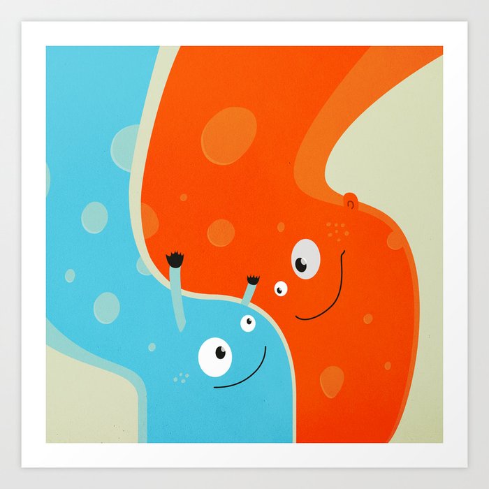 Hugging Cute Cartoon Characters Art Print