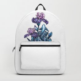 Calming picture, blue decorative cockerel fish, purple iris flowers illustration Backpack